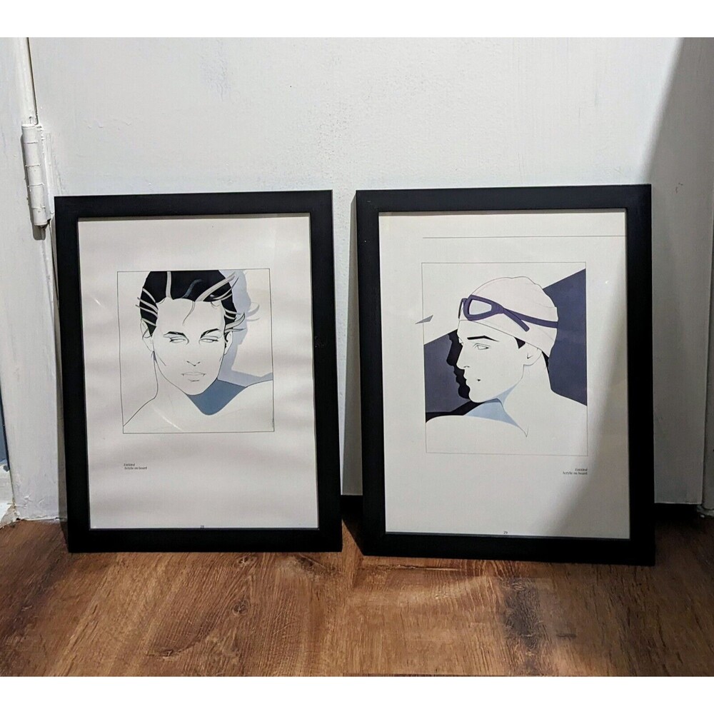 Patrick Nagel Art Bookplate Prints of Men 1985 1980s two Framed Pictures